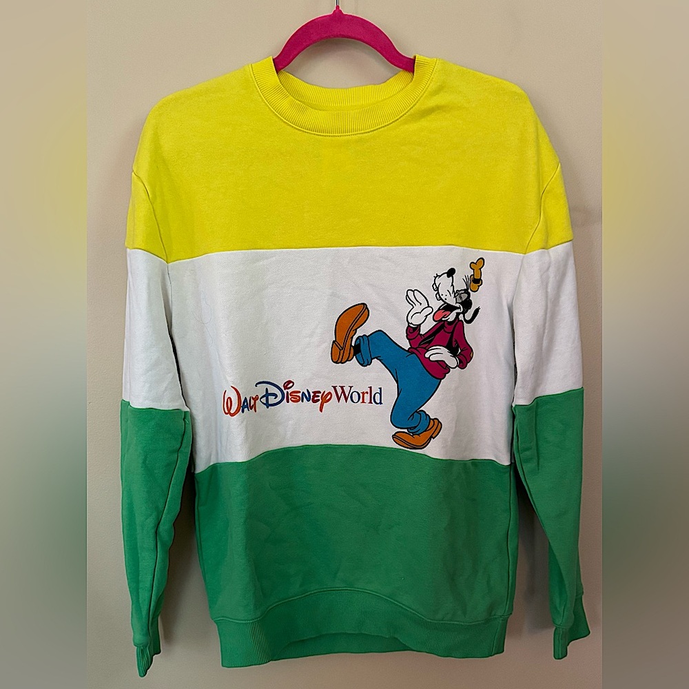 Disney World Goofy Retro Pullover Sweatshirt White Yellow Green Stripe XS Unisex